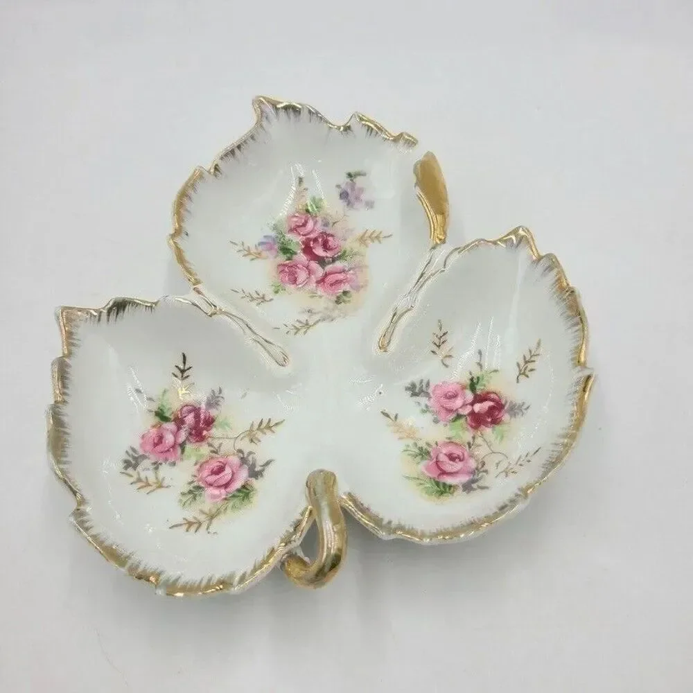 Porcelain Leaf Shaped Trinket Candy Dish Pink Roses Gold Trim Hand Painted Dish
